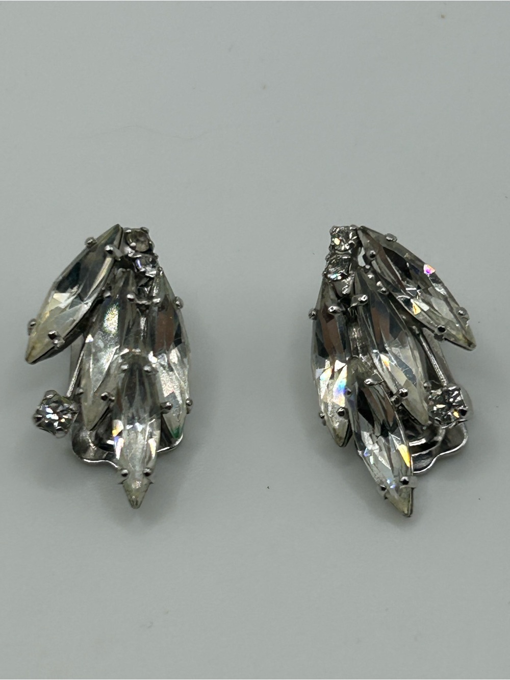 Vintage signed continental white crystal clip earrings